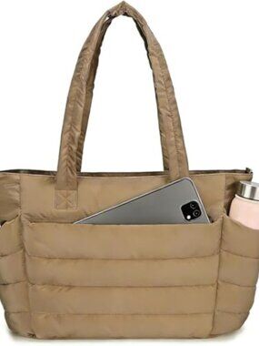 Urban Puffer Nylon Tote Bag with Laptop Compartment, Quilted Shoulder Bag for